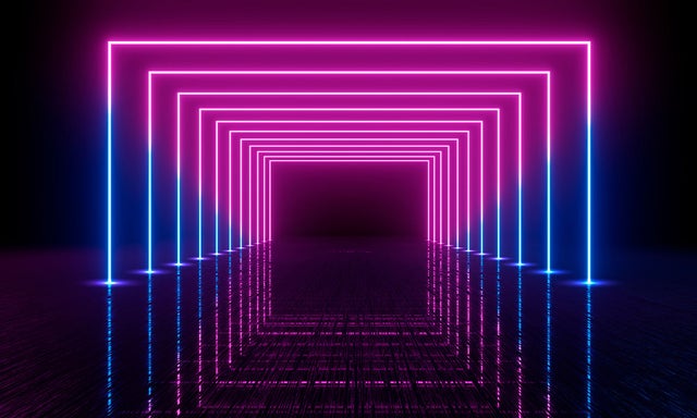 A tunnel framed in blue and pink neon lights.