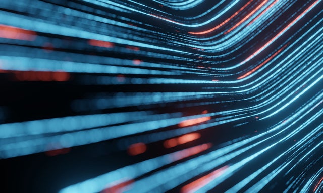 Digital representation of a circuitry in teal, blue, and purple against a black background