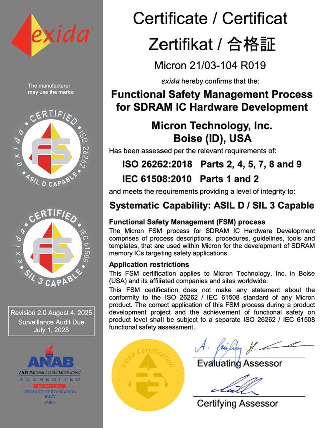 exida ISO and IEC Certificate for Micron Functional Safety Management Process for SDRM IC Hardware Development
