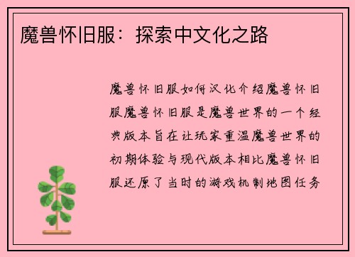 魔兽怀旧服：探索中文化之路